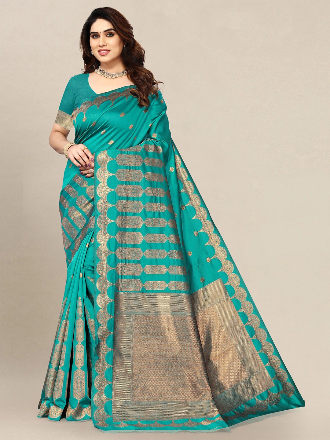 

Om Shantam Sarees Ethnic Motifs Woven Design Zari Banarasi Saree, Teal