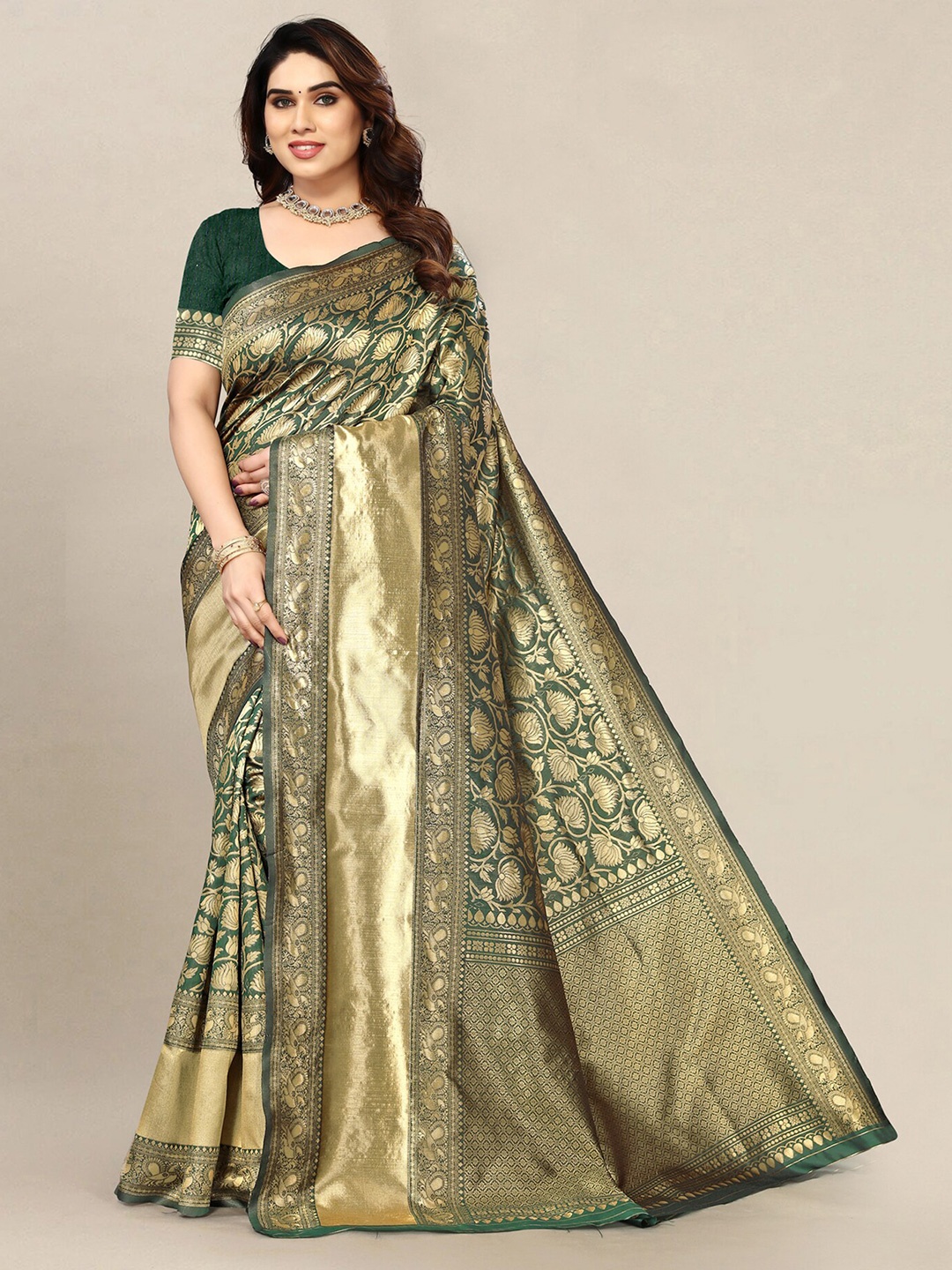 

Om Shantam Sarees Ethnic Motifs Woven Design Zari Banarasi Saree, Green