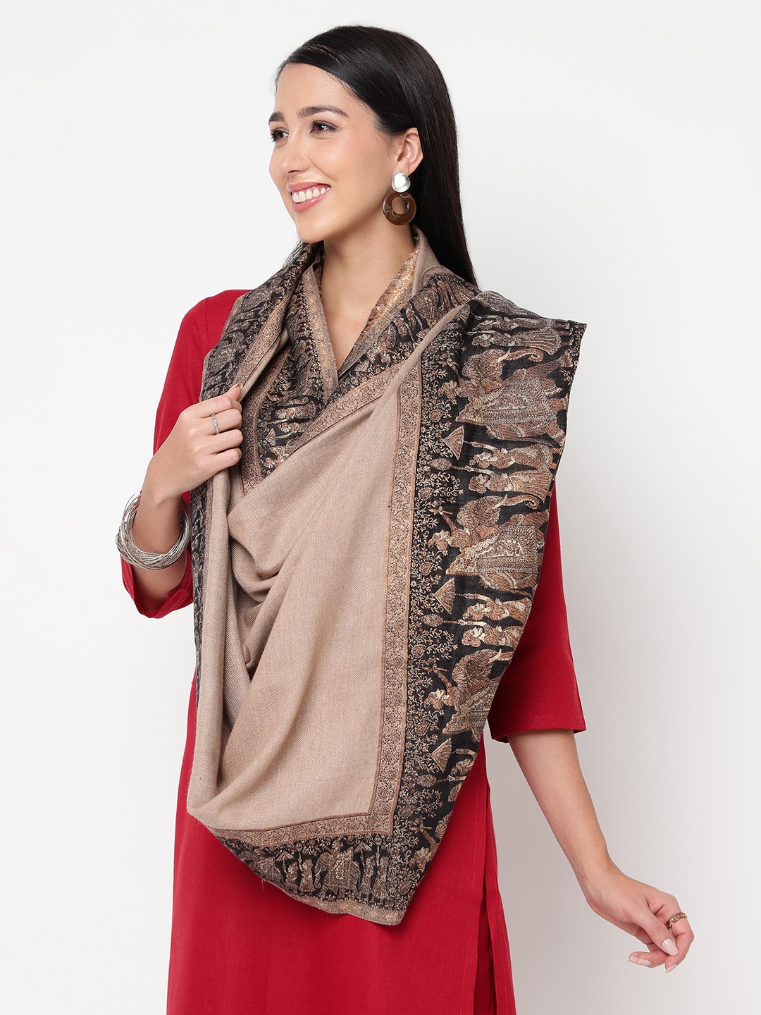 

La Vastraa Woven Design Woolen Shawl, Beige