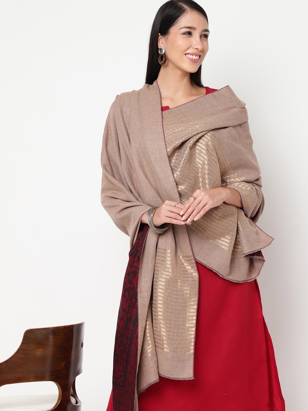 

La Vastraa Woven Design Woolen Shawl, Beige