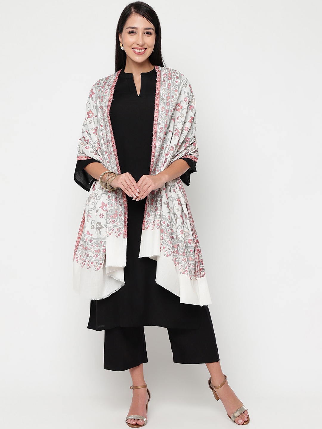 

La Vastraa Women floral Woven-Design Woollen Shawl, White