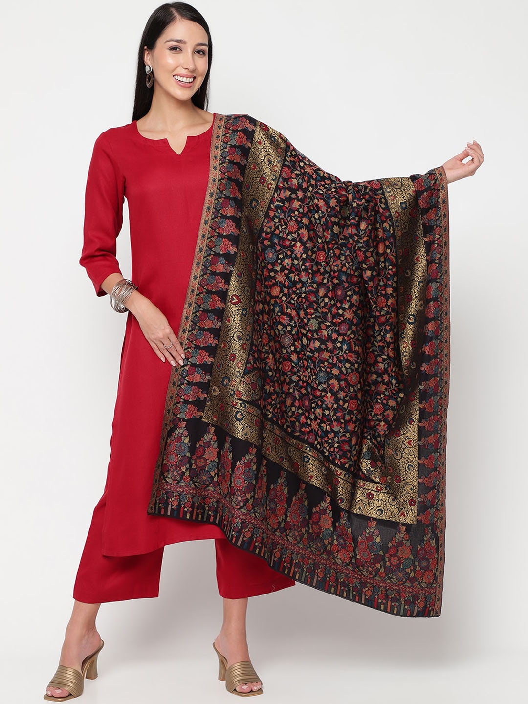 

La Vastraa Woven-Design Zari Detail Woollen Shawl, Black