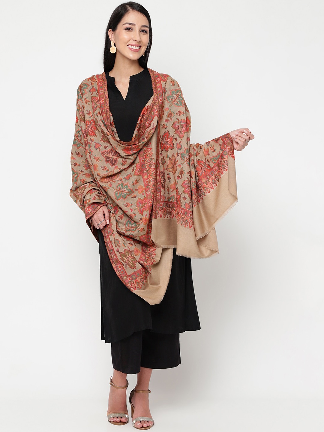 

La Vastraa Women Woven-Design Woollen Shawl, Beige