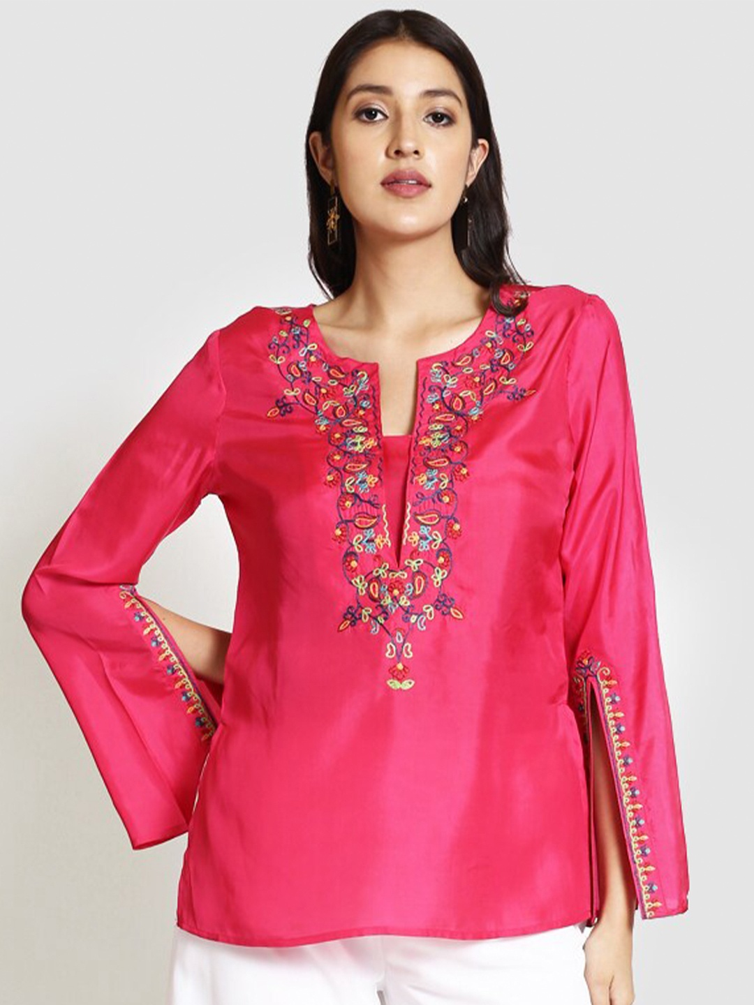 

250 DESIGNS Floral Embroidered Slit Sleeve Pure Silk Top, Pink