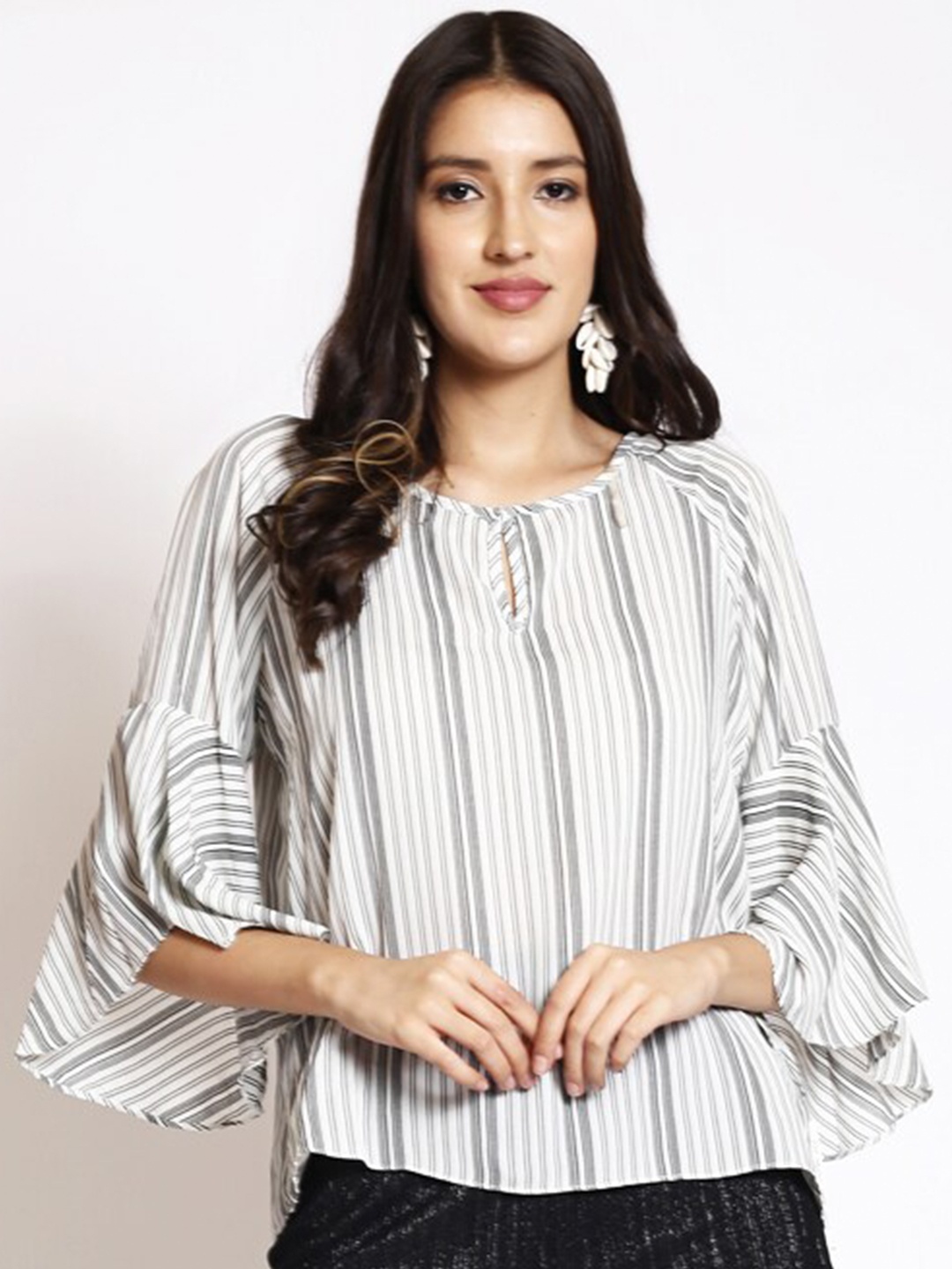 

250 DESIGNS Vertical Striped Keyhole Neck Bell Sleeves Top, White