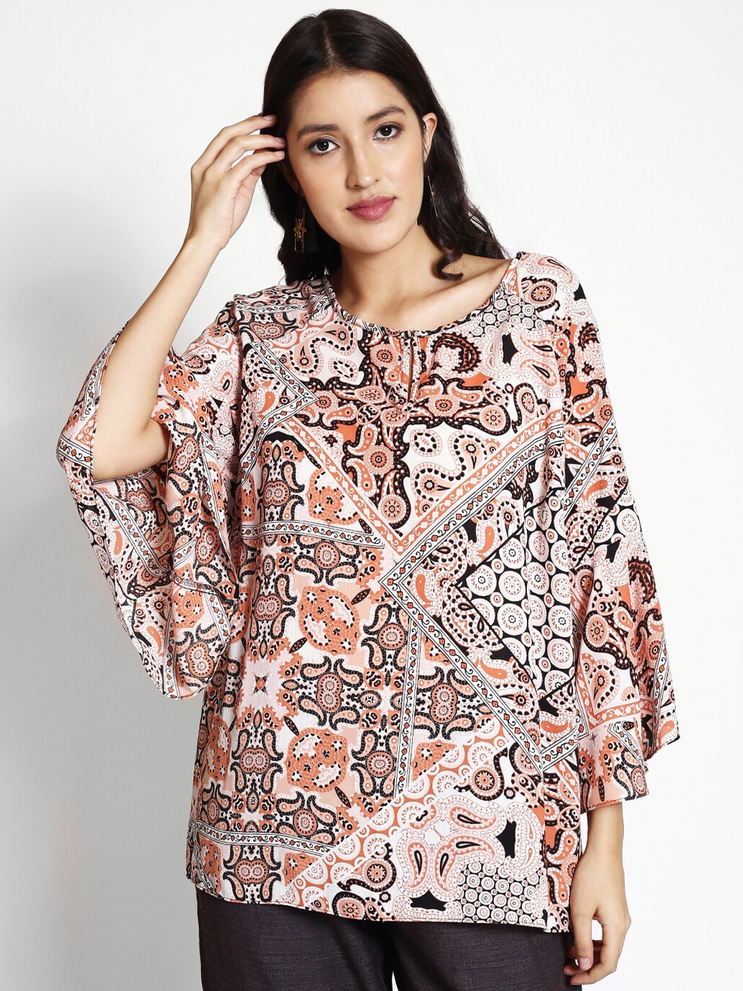 

250 DESIGNS Paisley Printed Flared Sleeves Regular Top, White