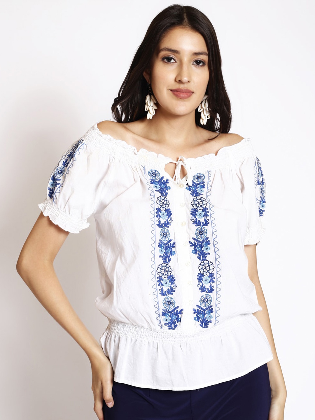 

250 DESIGNS Floral Embroidered Off-Shoulder Puff Sleeve Gathered Cotton Blouson Top, White