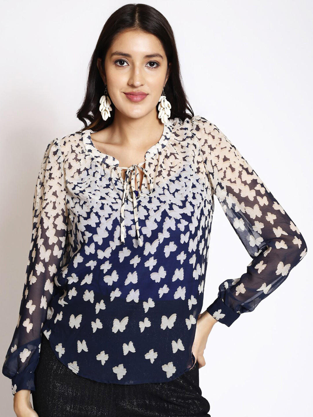 

250 DESIGNS Animal Printed Tie-Up Neck Puff Sleeve Regular Top, Blue