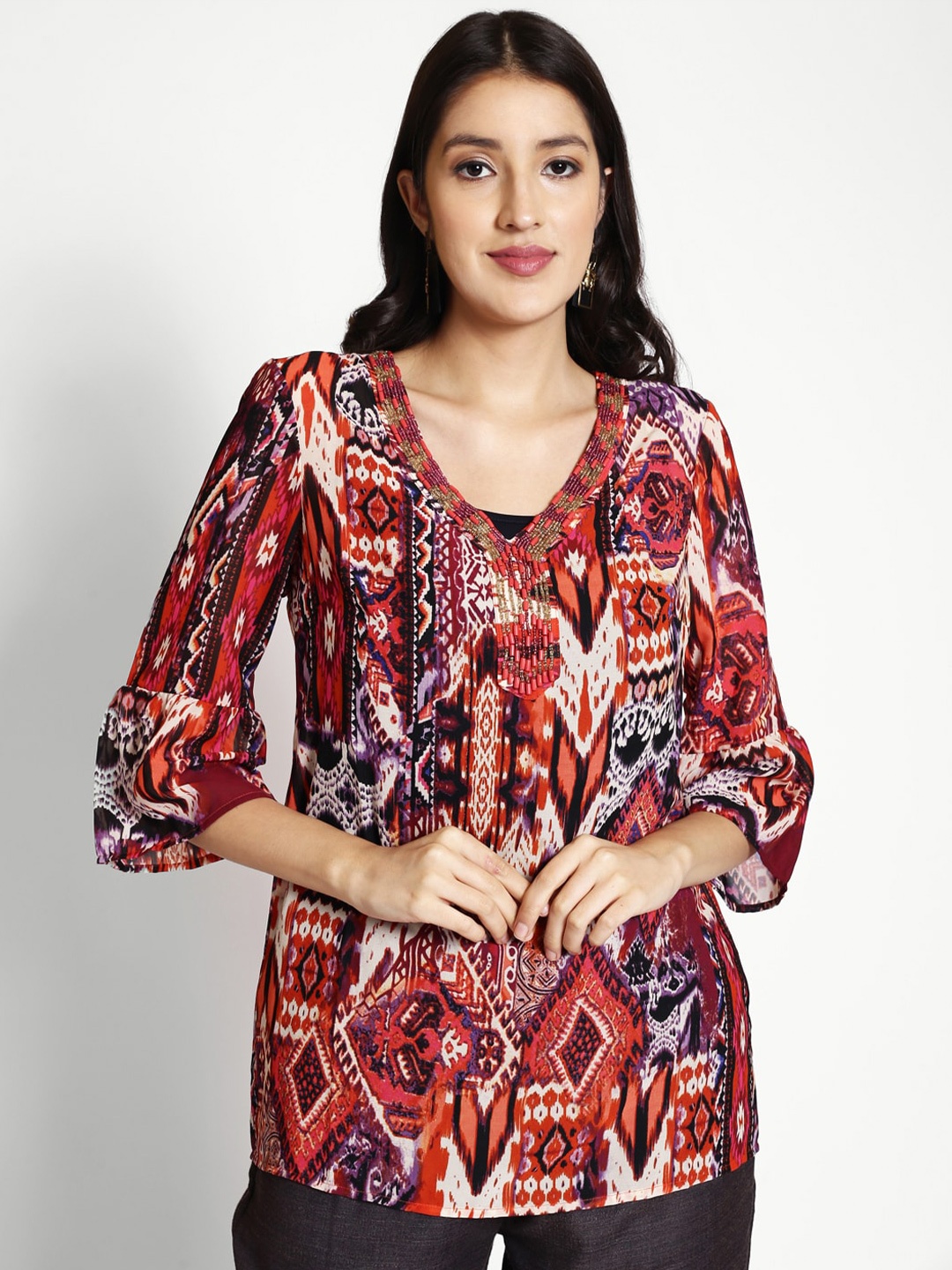 

250 DESIGNS Ethnic Motifs Printed Bell Sleeves Beads & Stones Regular Top, Red