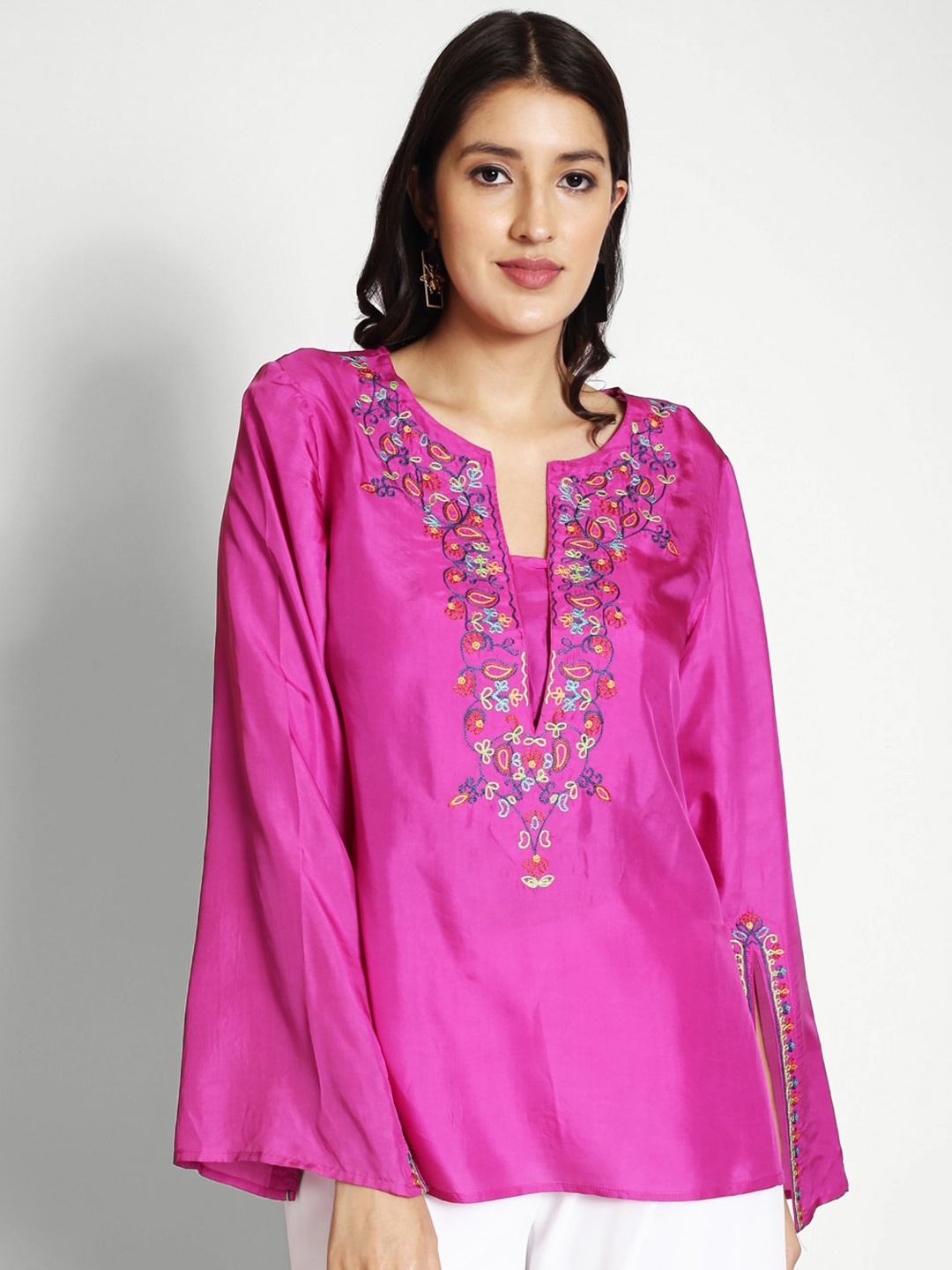 

250 DESIGNS Floral Embroidered Slit Sleeves Pure Silk Tunic, Pink