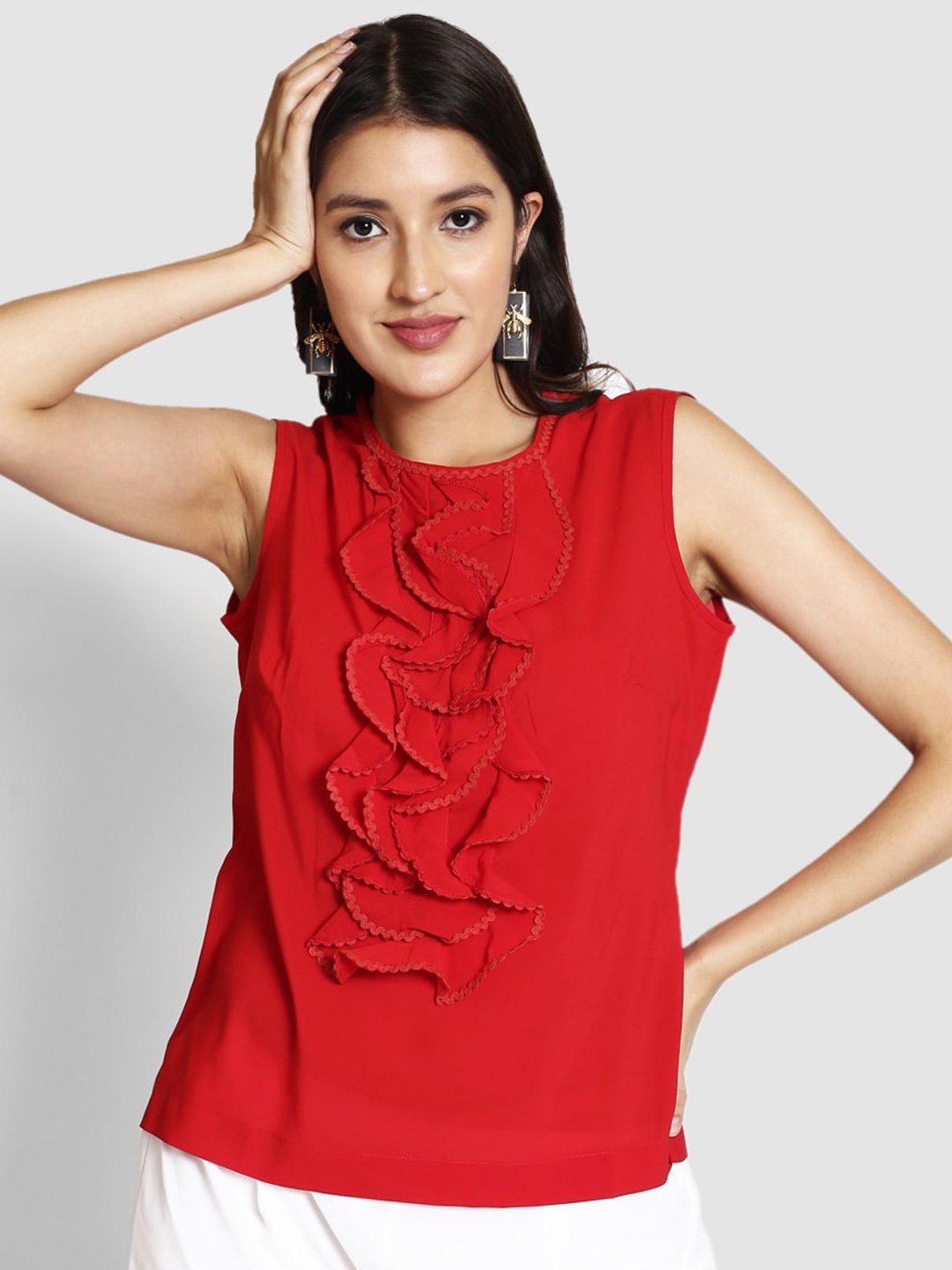 

250 DESIGNS Sleeveless Ruffles Top, Red
