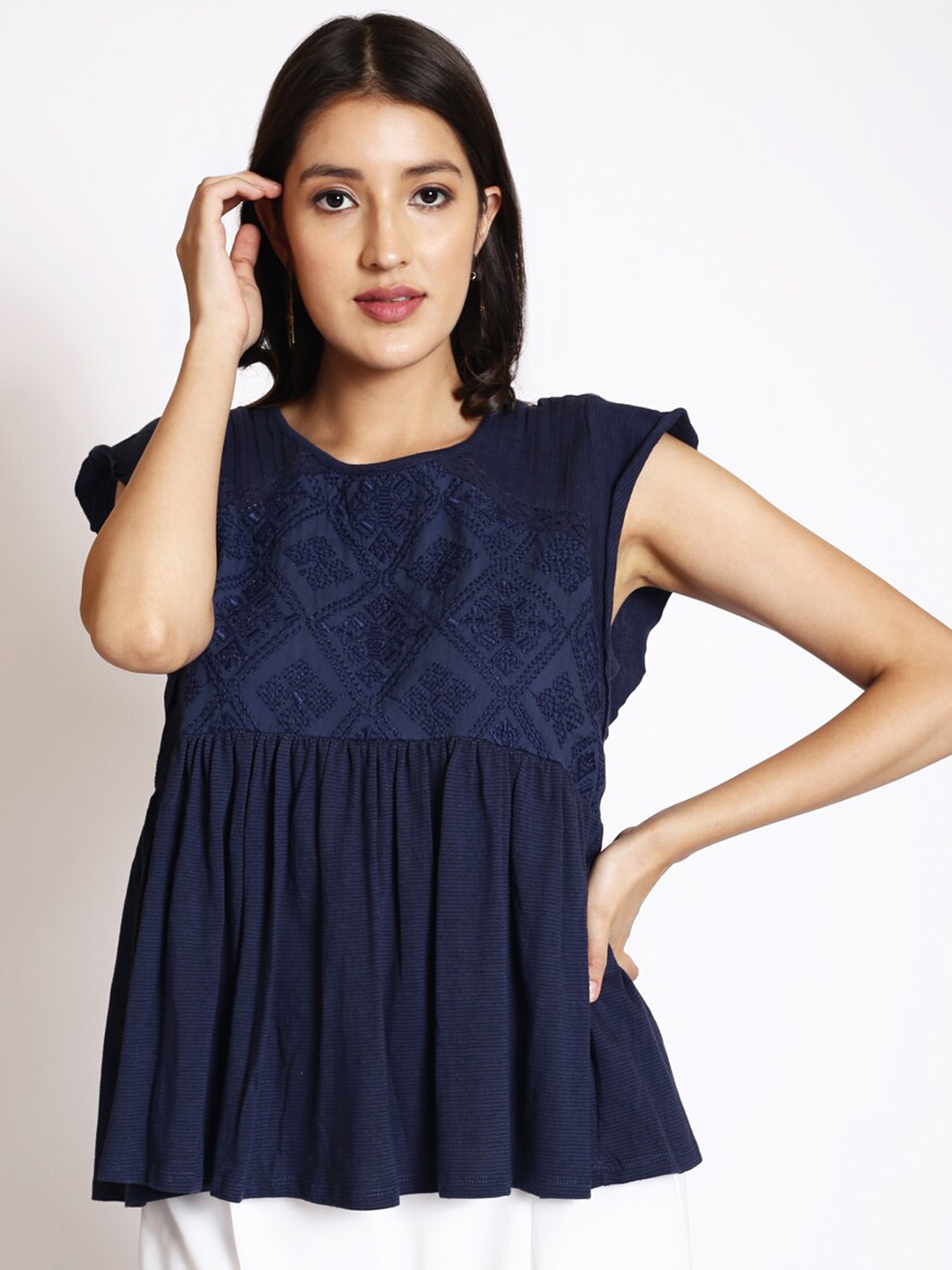 

250 DESIGNS Ethnic Motifs Embroidered Gathered A-Line Top, Navy blue