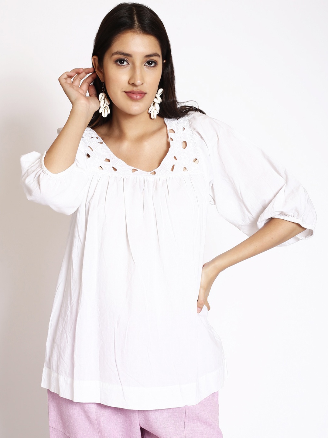 

250 DESIGNS Round Neck Puff Sleeve Cut-Outs Cotton Regular Top, White