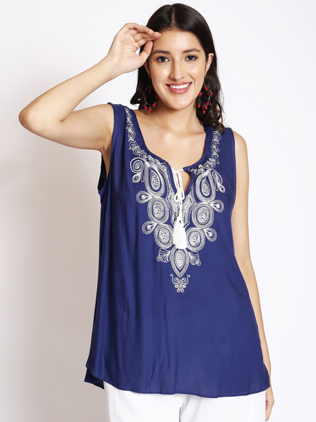 

250 DESIGNS Ethnic Motifs Embroidered Tie-Up Neck Sleeveless Regular Top, Blue