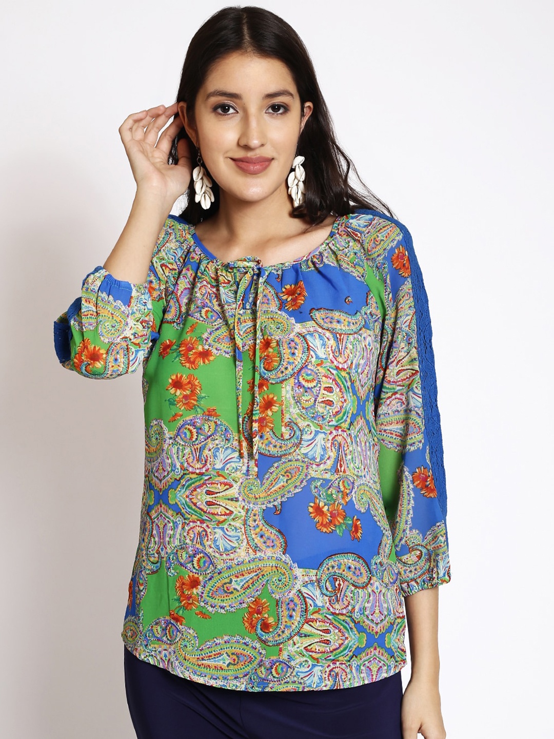 

250 DESIGNS Ethnic Motifs Printed Tie-Up Neck Raglan Sleeves Lace Inserts Top, Green