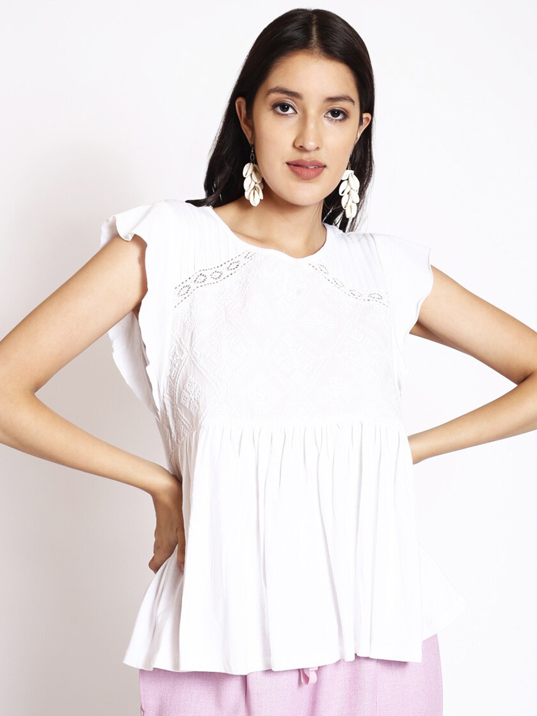 

250 DESIGNS Ethnic Motifs Embroidered Gathered Detailed Peplum Top, White