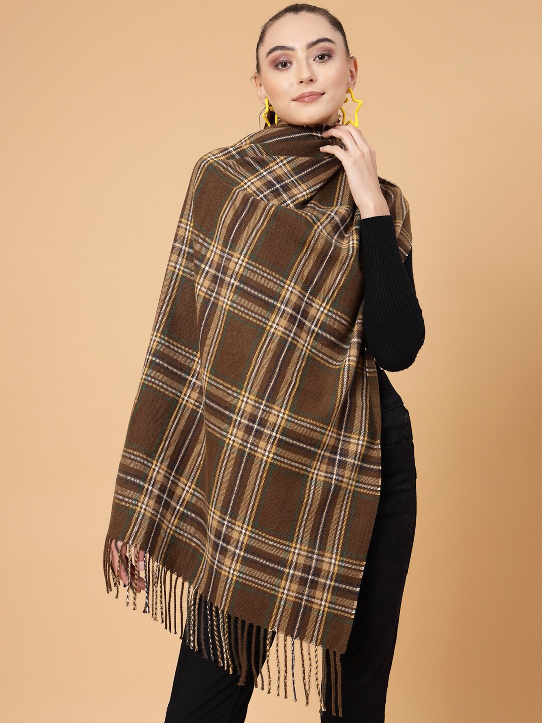 

Mafadeny Checked Tasselled Detail Stole, Brown