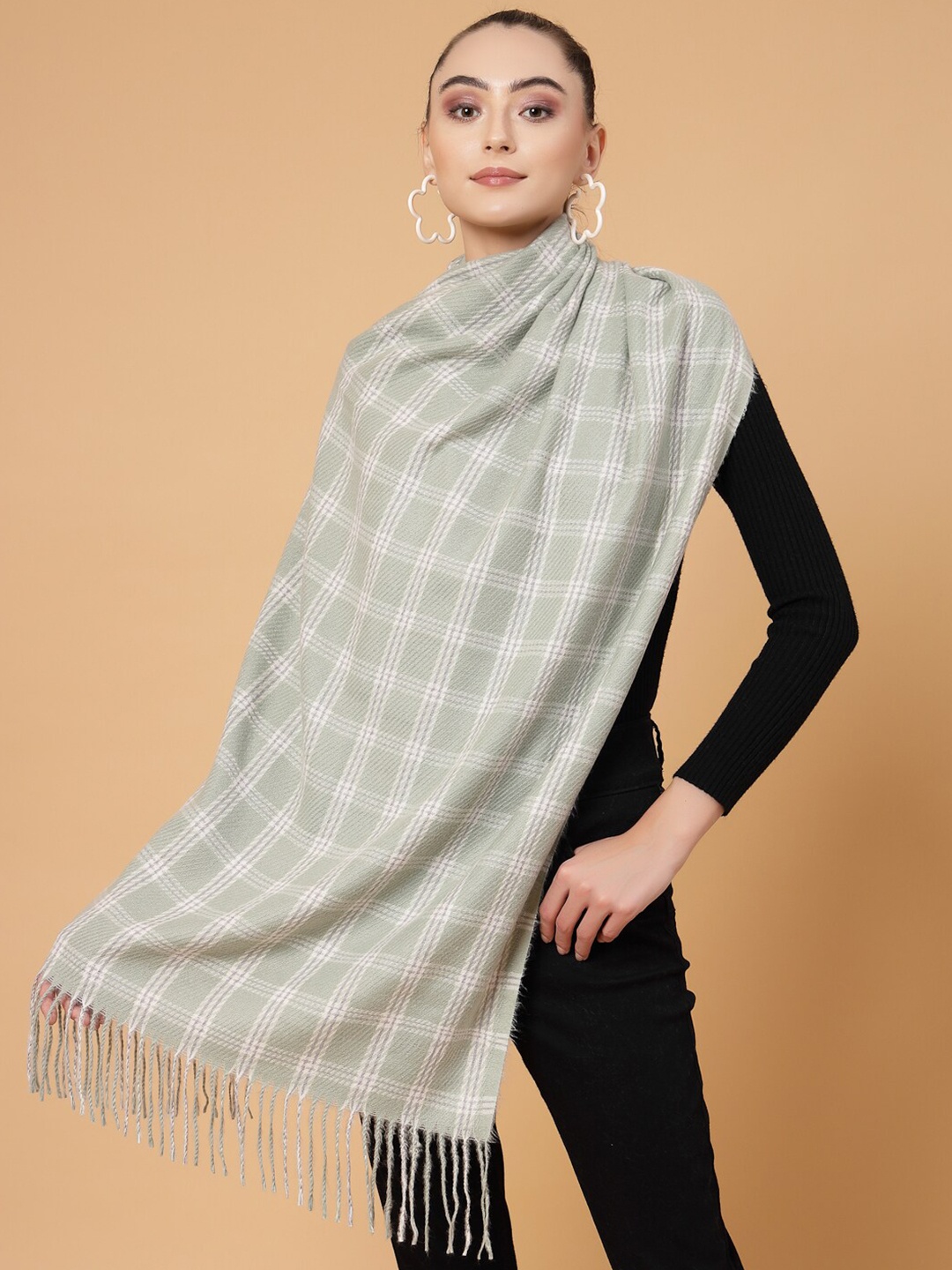 

Mafadeny Checked Stole With Tasselled Border, Green