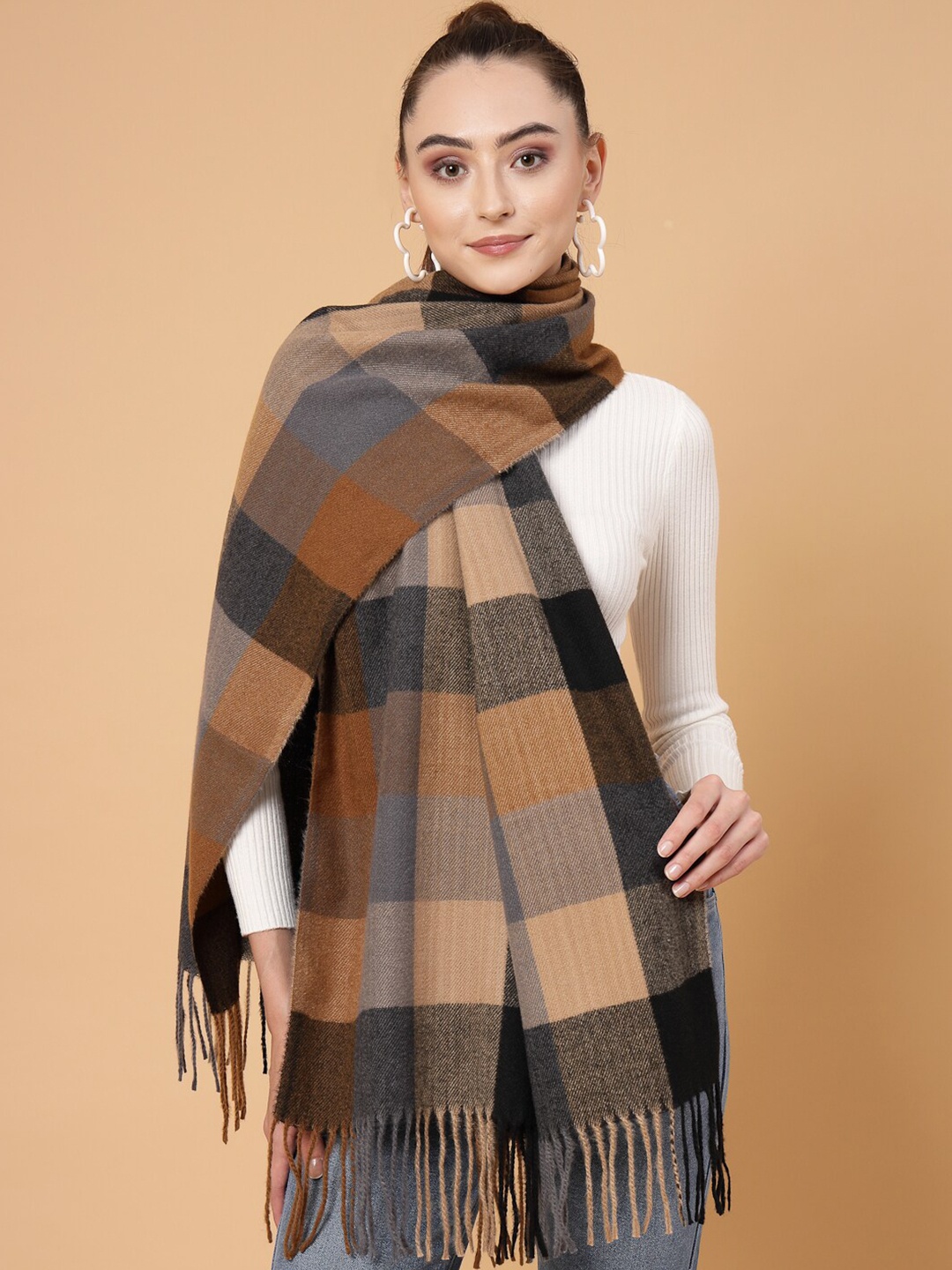 

Mafadeny Checked Winter Wrap Stole Has Tasselled Border, Brown