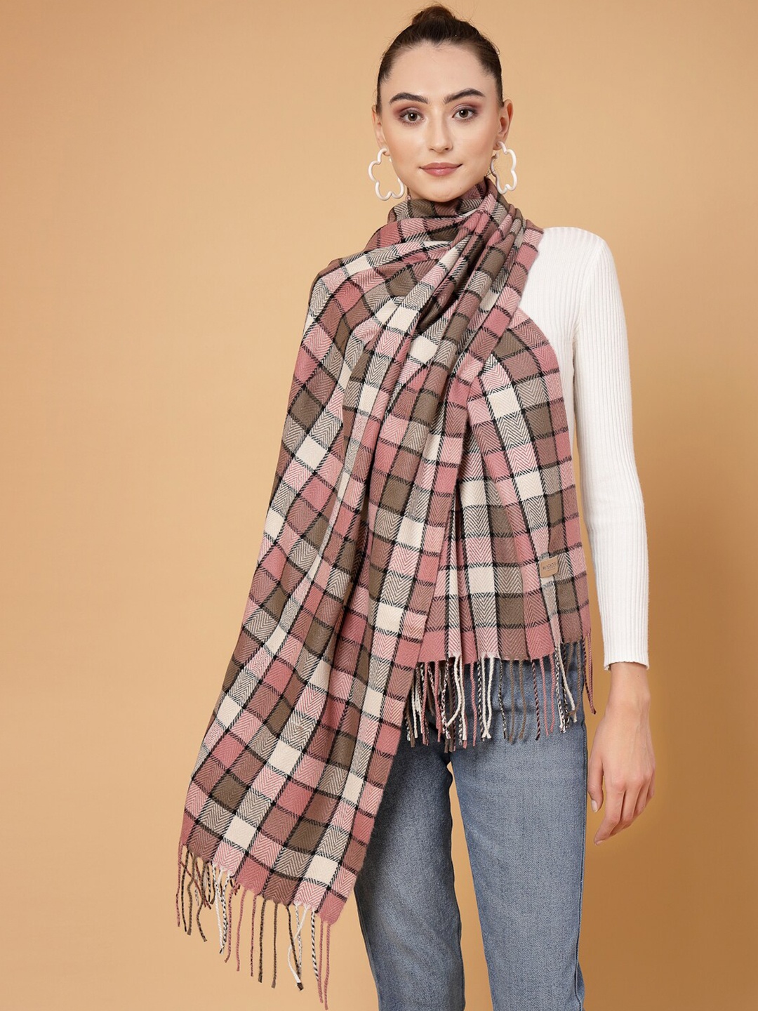 

Mafadeny Checked Tasselled Stole, Peach