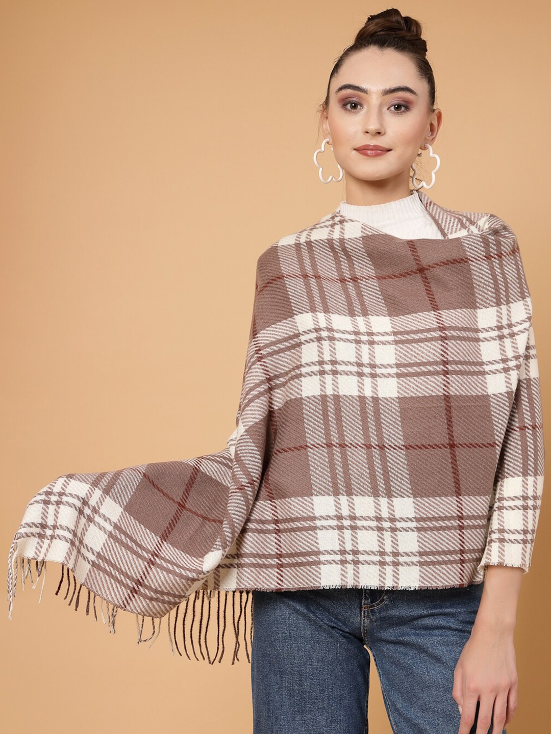 

Mafadeny Checked Winter Wrap Stole Has Tasselled Border, Rose