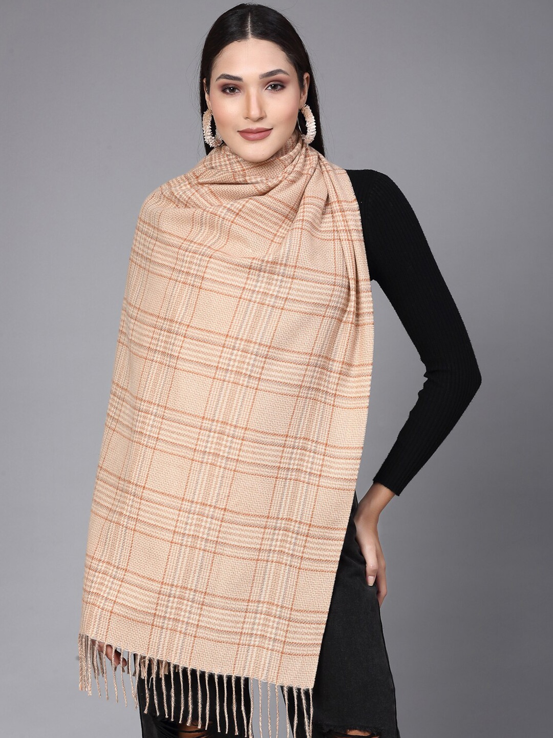 

Mafadeny Checked Tasselled Stole, Beige