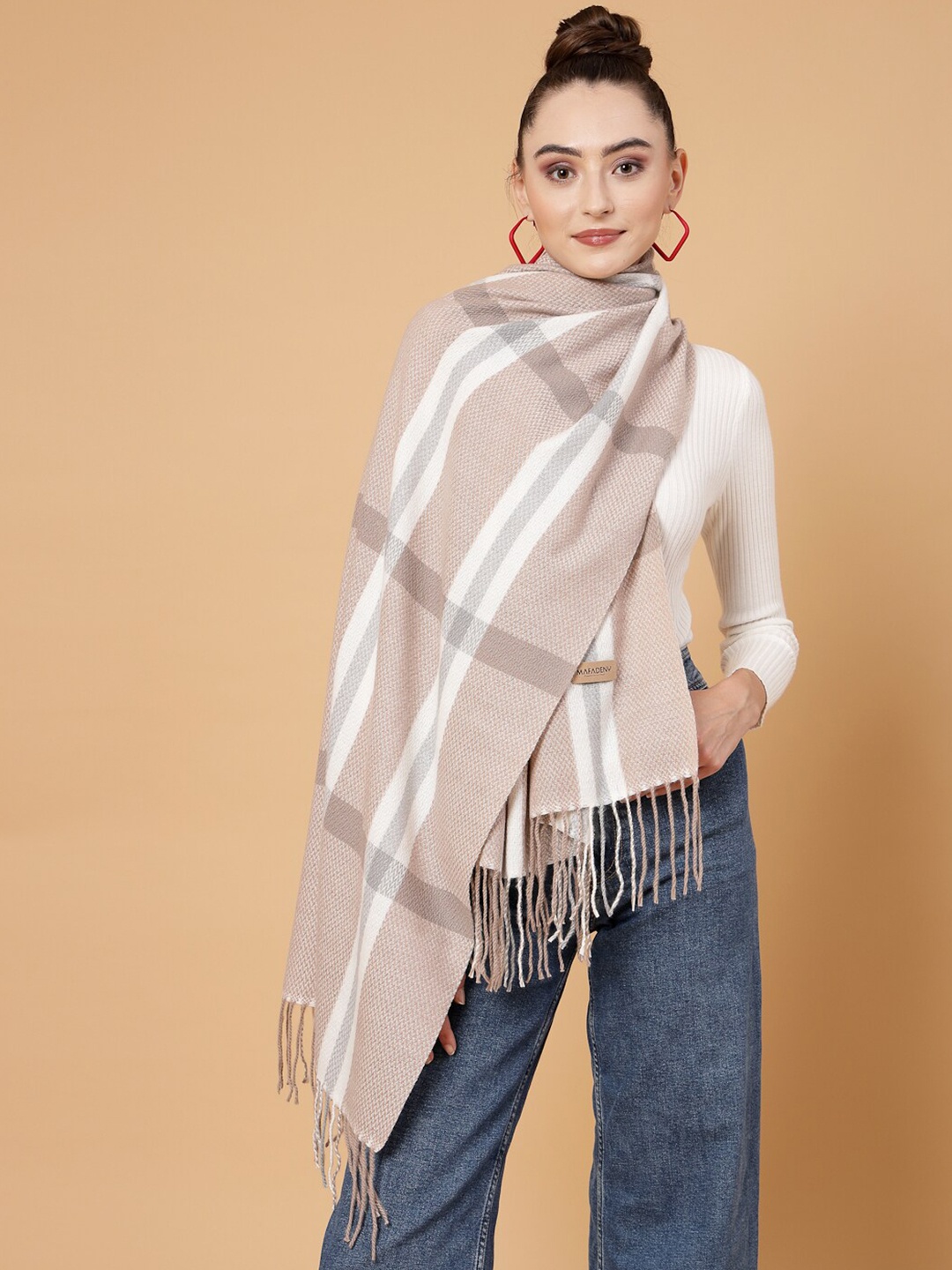 

Mafadeny Checked Stole With Tasselled Border, Beige