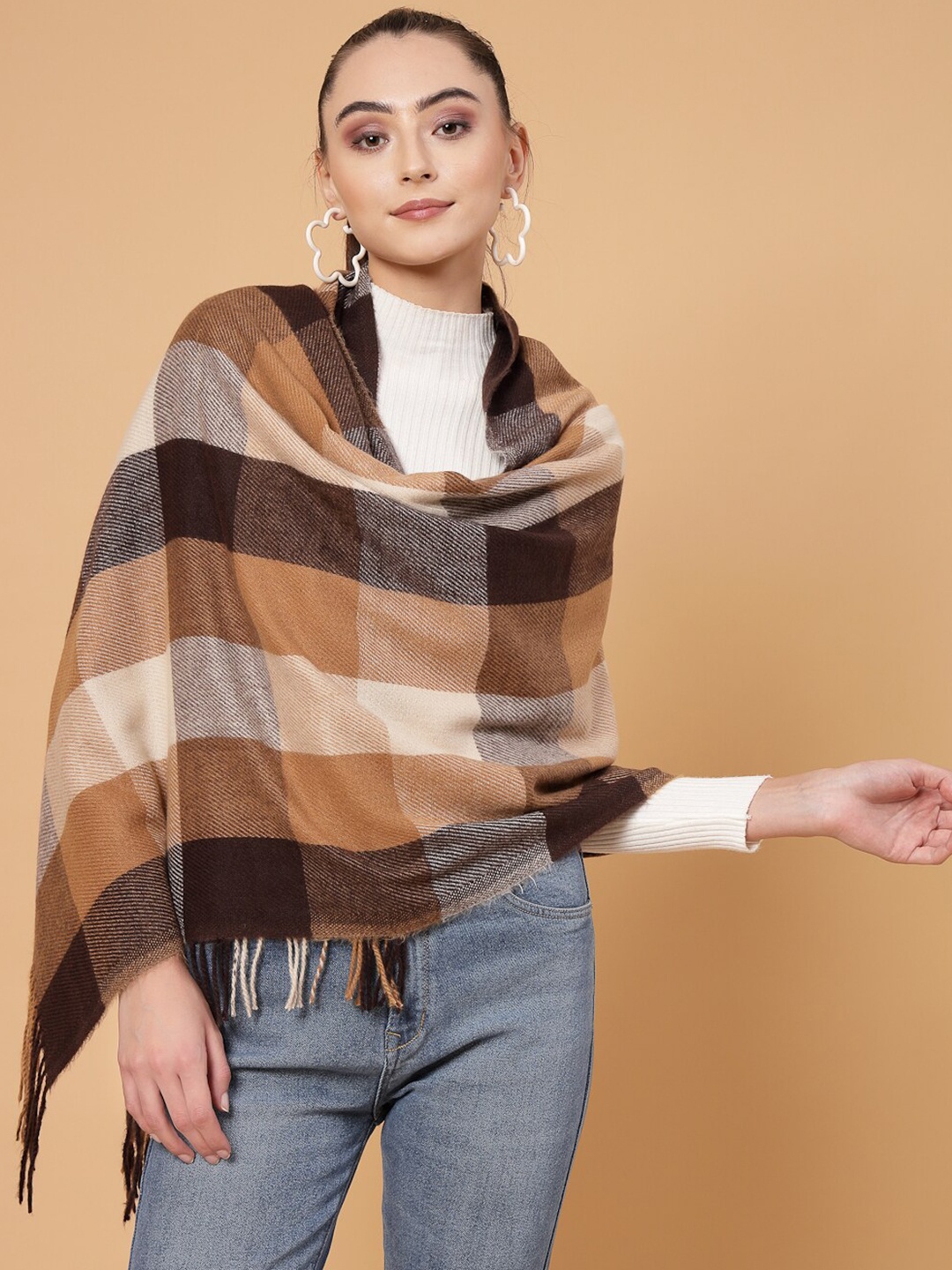 

Mafadeny Checked Stole With Tasselled Border, Brown