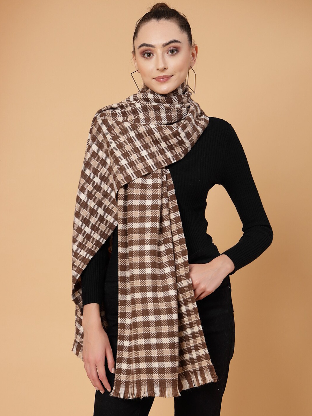 

Mafadeny Checked Stole With Fringed Border, Brown