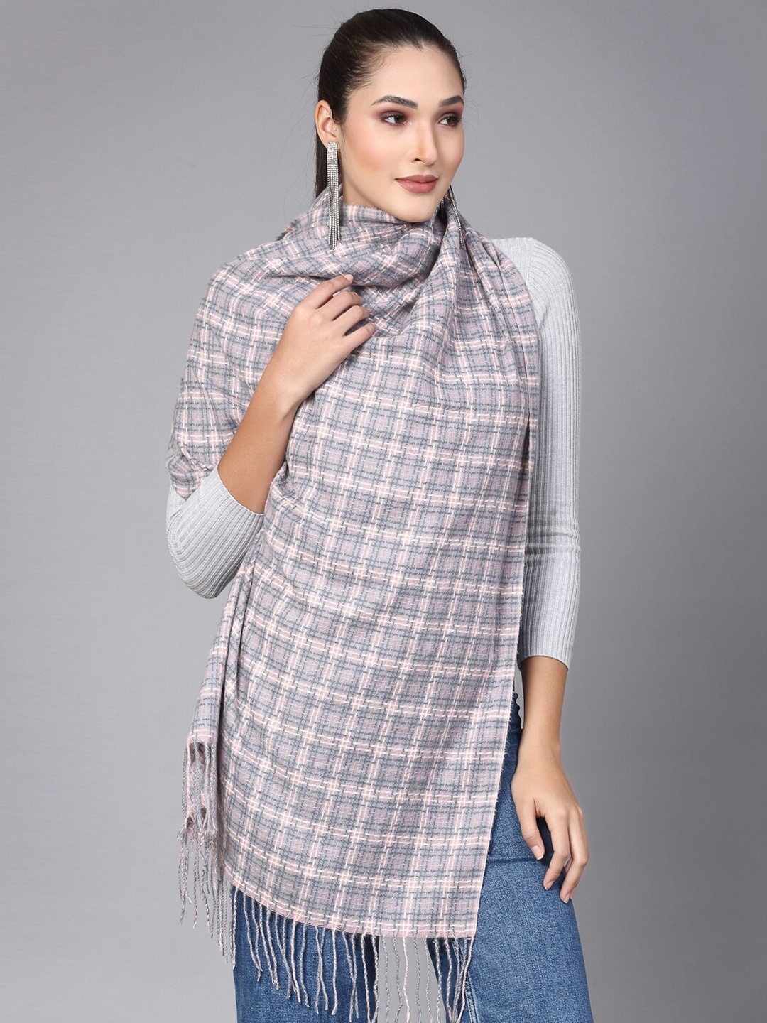 

Mafadeny Checked Tasselled Detail Stole, Peach