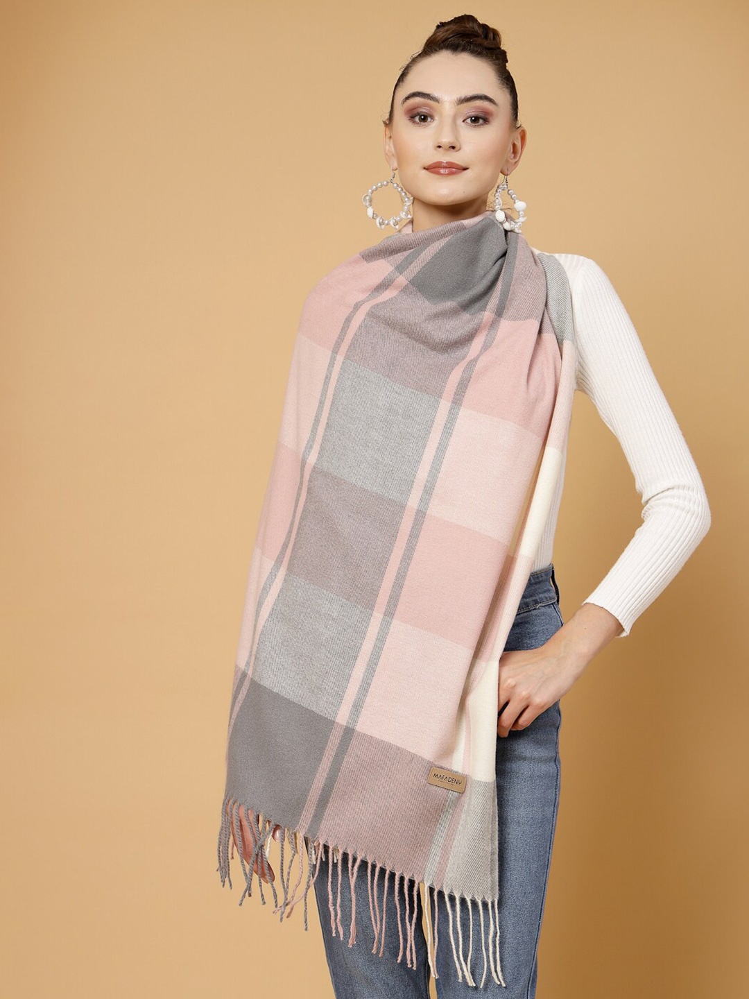 

Mafadeny Checked Stole With Tasselled Border, Pink