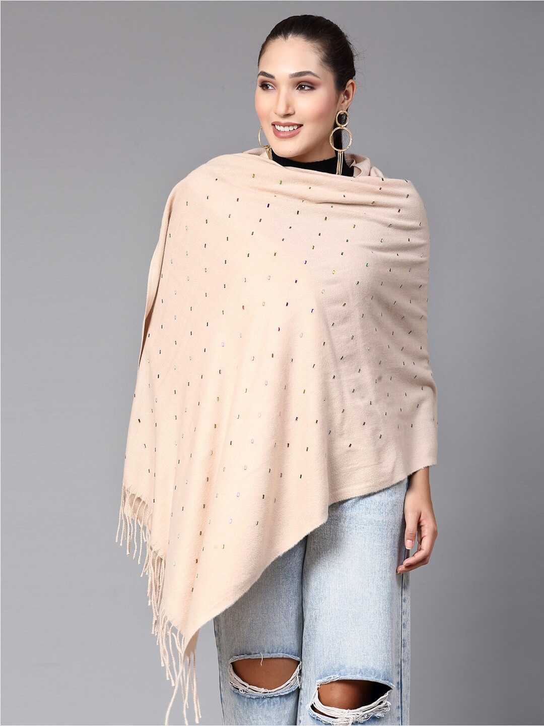 

Mafadeny Embellished Stole With Tasselled Border, Beige