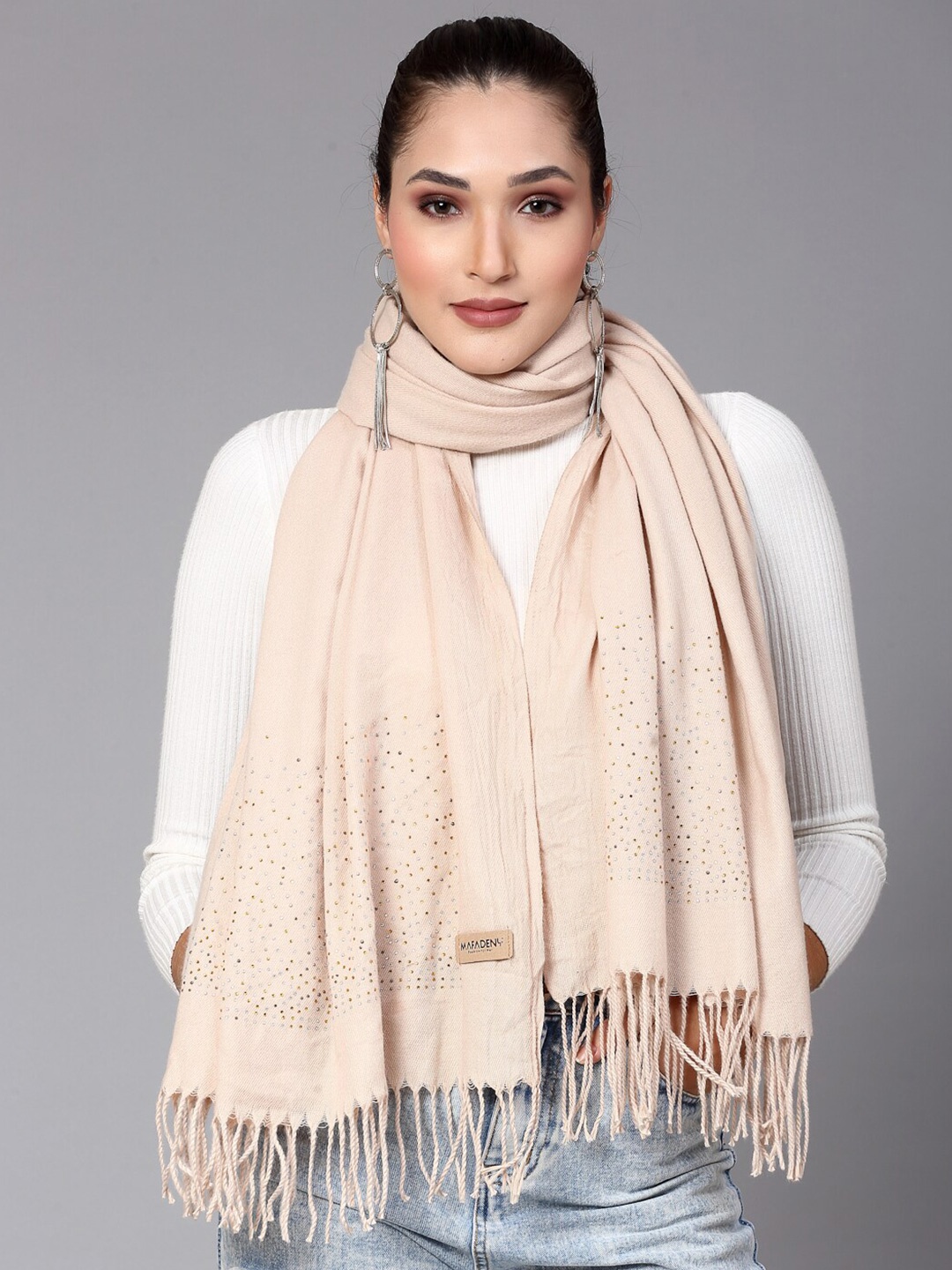 

Mafadeny Embellished Stole With Tasselled Border, Beige