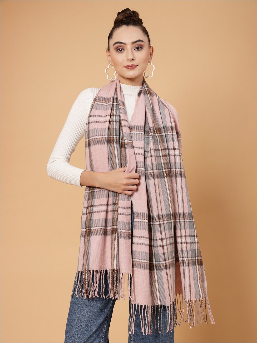 

Mafadeny Checked Tasselled Detail Stole, Peach