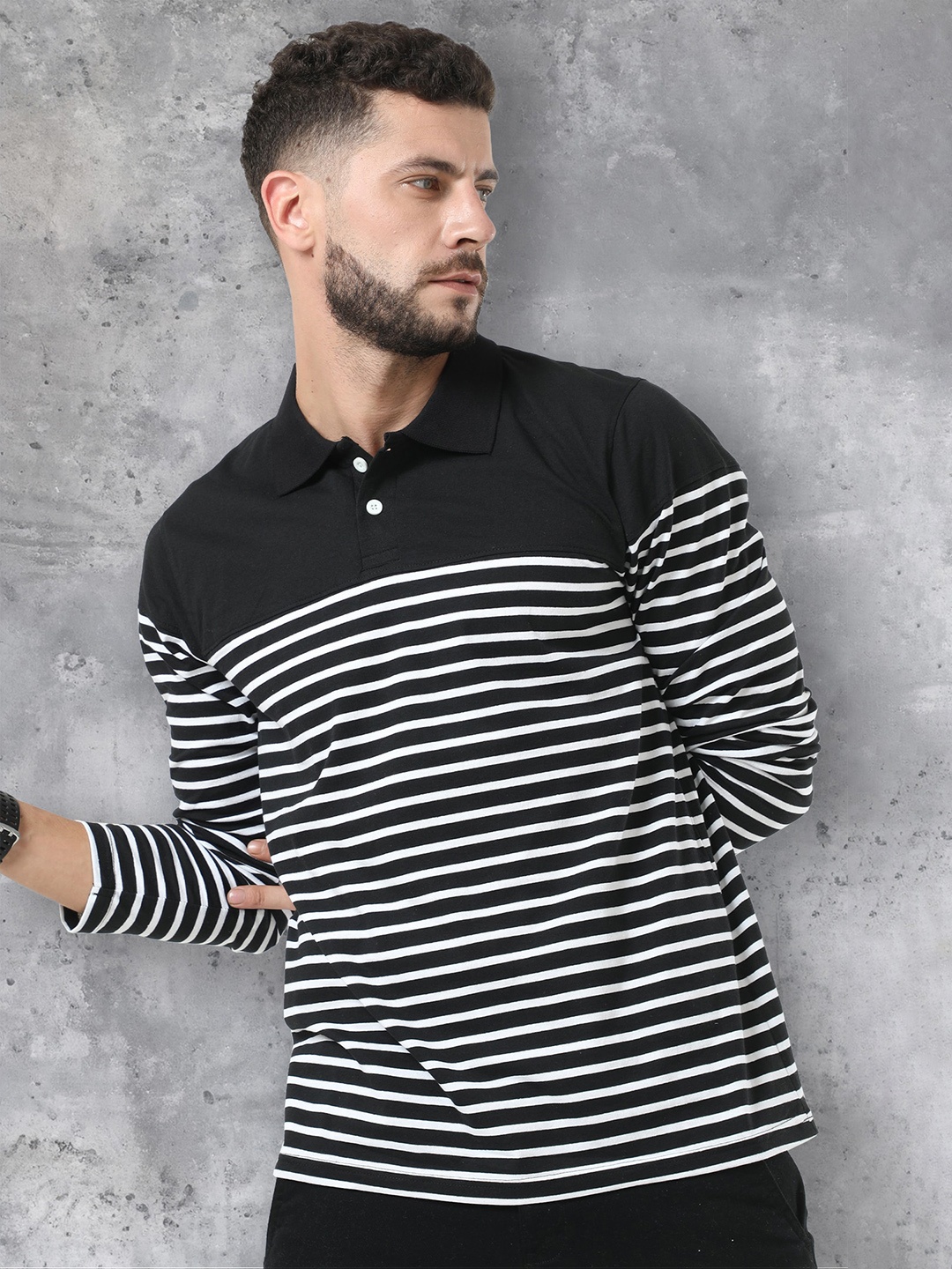 

fanideaz Striped Polo Collar T-shirt, Black