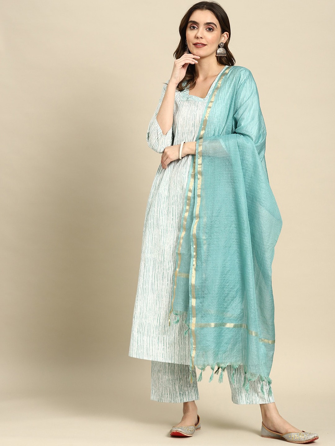 

KALINI Women Turquoise Blue Striped Regular Thread Work Pure Cotton Kurta with Palazzos & With Dupatta