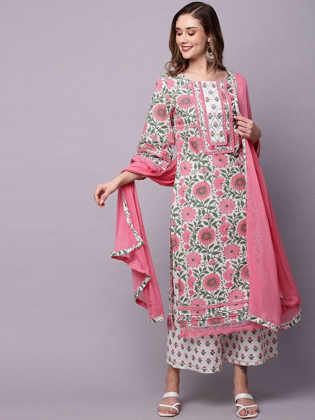 

KALINI Women Pink Floral Printed High Slit Gotta Patti Pure Cotton Kurta with Palazzos & With Dupatta