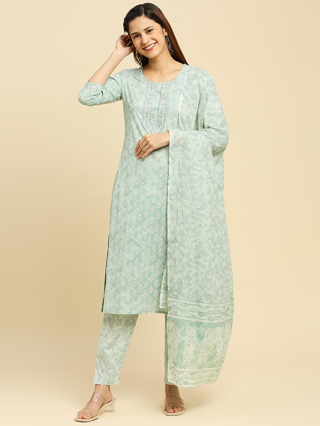 

KALINI Ethnic Motifs Printed Thread Work Pure Cotton Kurta & Trousers With Dupatta, Green