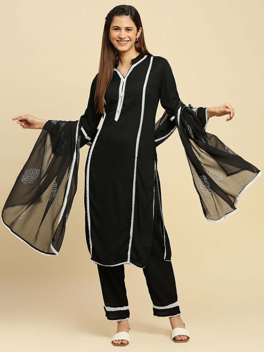 

KALINI Floral Embroidered Regular Kurta with Trousers & Dupatta, Black