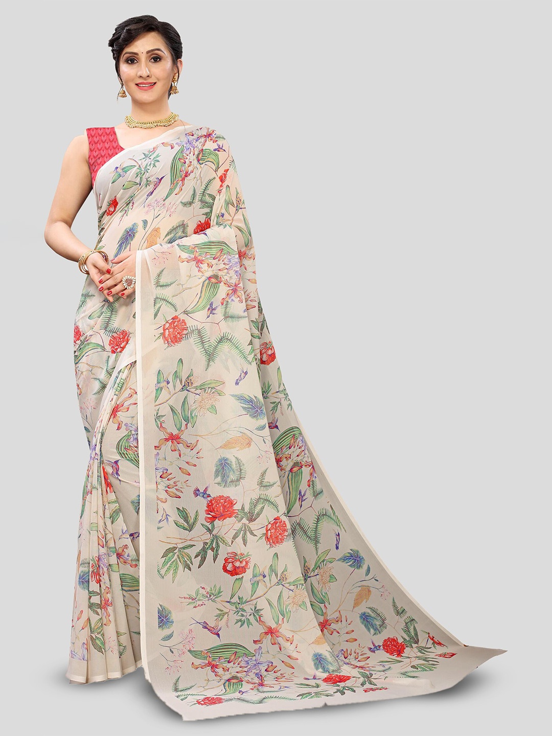 

Fevinaa Floral Printed Pure Georgette Saree, White