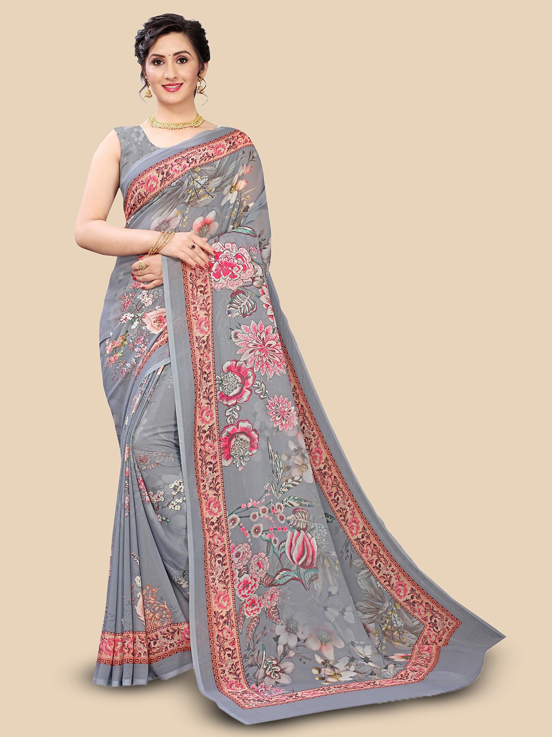 

Fevinaa Floral Printed Saree, Grey