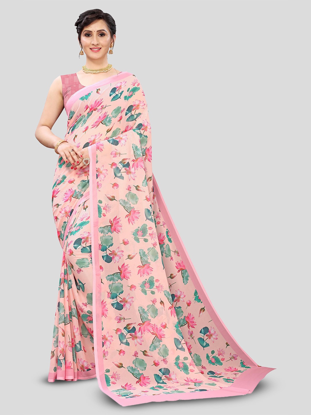

Fevinaa Floral Printed Pure Georgette Saree, Pink