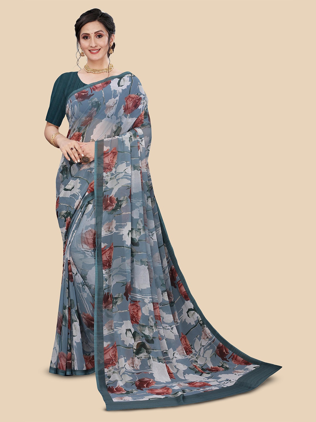 

Fevinaa Floral Printed Pure Georgette Saree, Grey melange