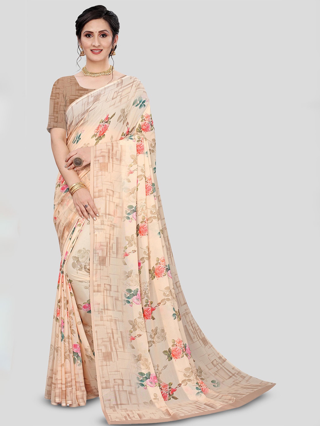 

Fevinaa Floral Printed Pure Georgette Saree, Beige