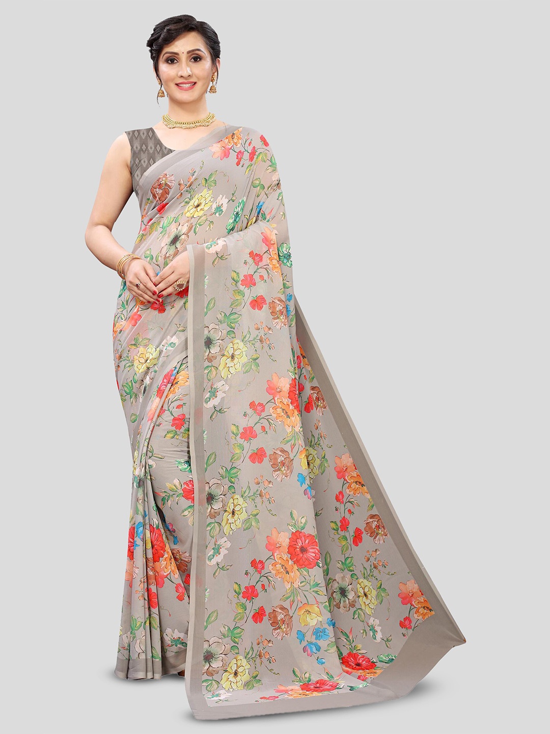 

Fevinaa Floral Printed Pure Georgette Saree, Grey