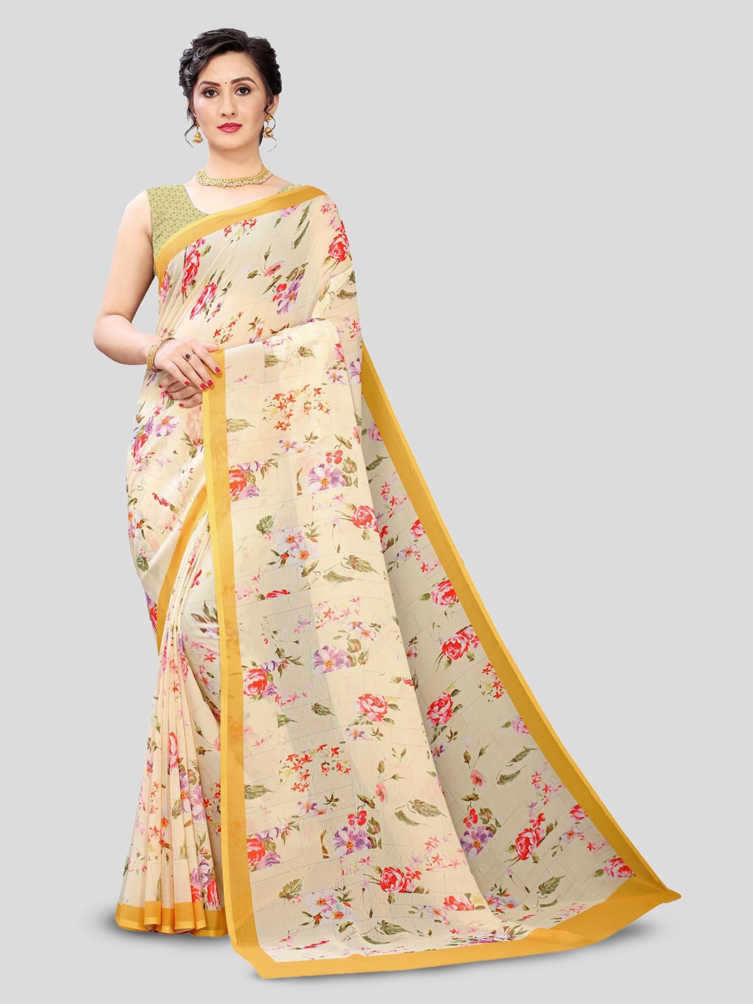 

Fevinaa Floral Printed Pure Georgette Saree, Yellow