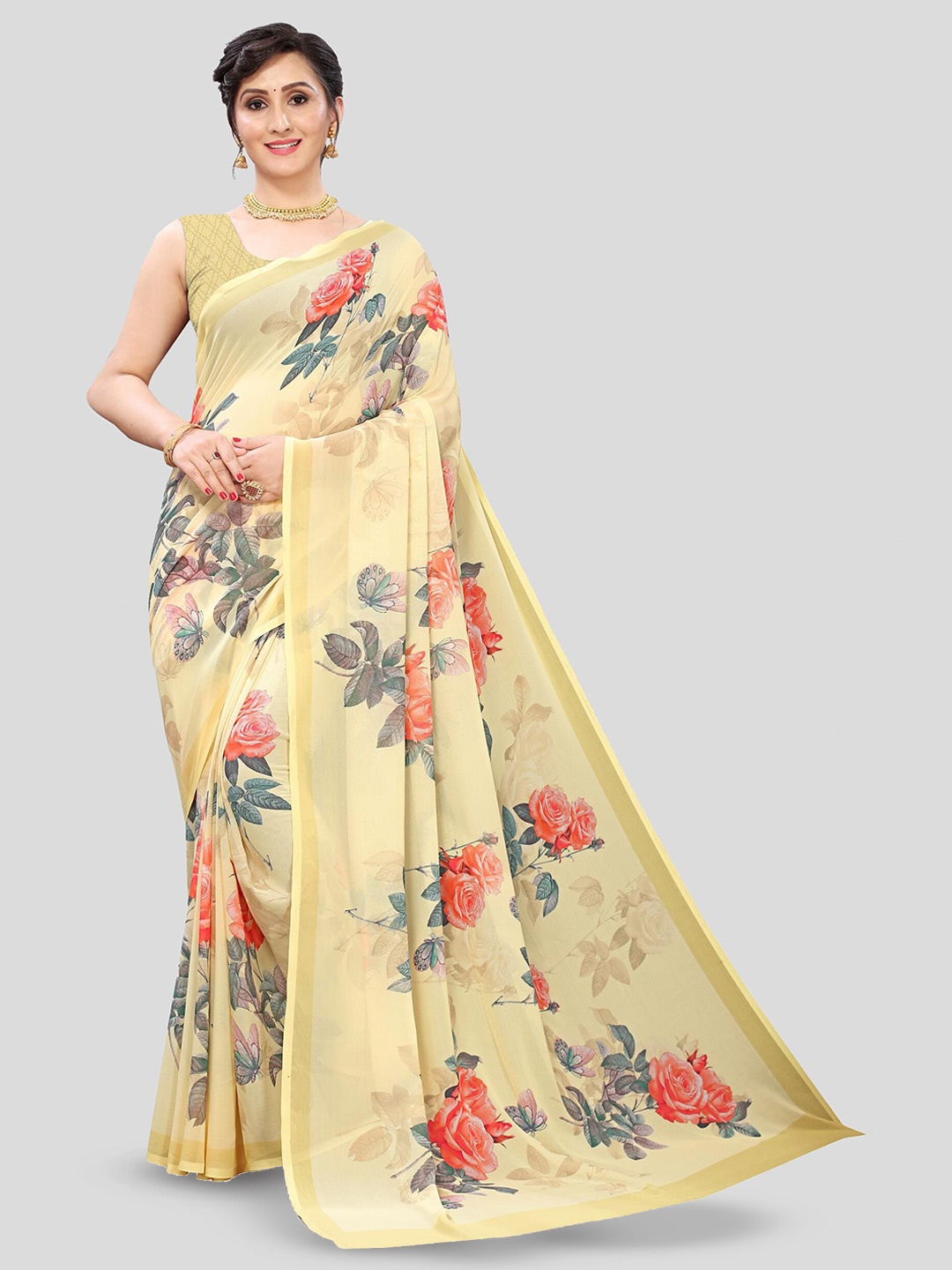 

Fevinaa Floral Printed Saree, Yellow
