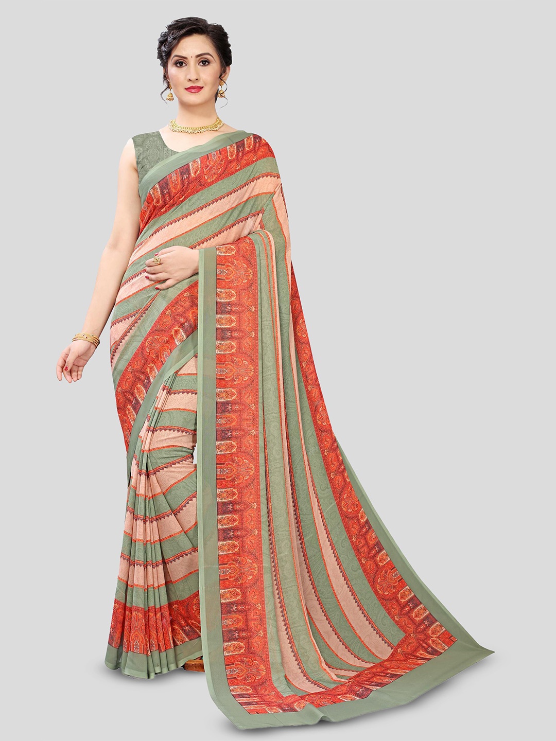 

Fevinaa Striped Pure Georgette Saree, Red