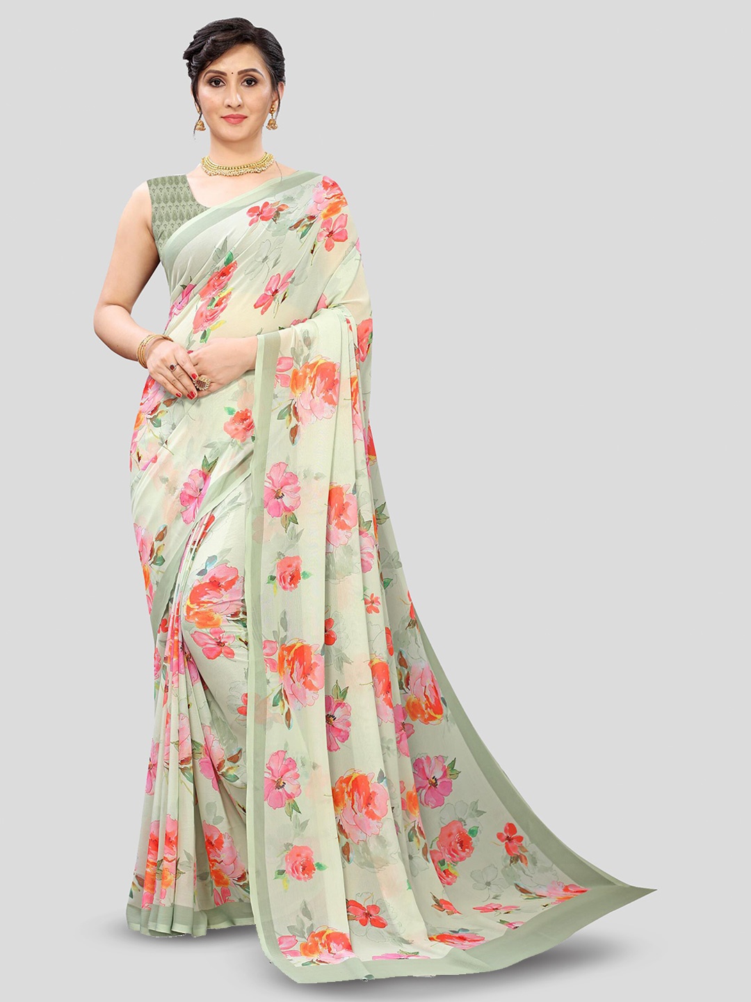 

Fevinaa Floral Printed Saree, Lime green