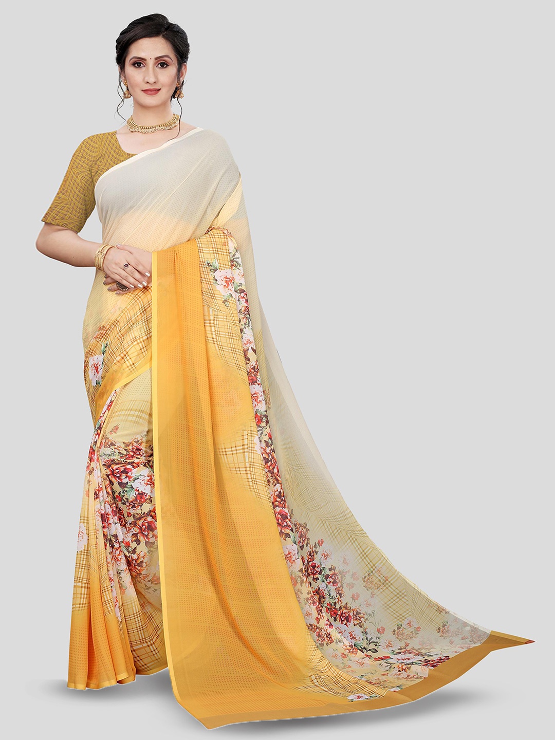 

Fevinaa Floral Printed Saree, Mustard